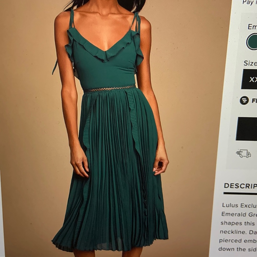 Lulus Tie Strap Pleated MIDI Dress- Emerald Green